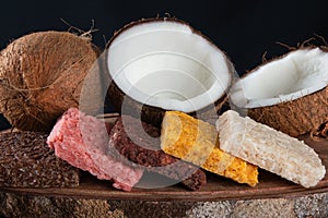 Cocada coconut candy, sweet Brazilian in rustic wood background