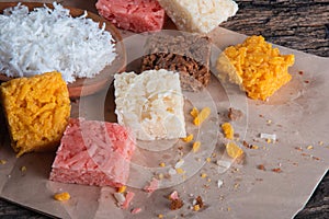 Cocada coconut candy, sweet Brazilian in rustic wood background