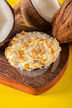 Cocada Coconut Candy on Yellow Background top view