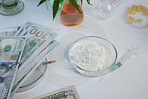 Dollars and Cocaine Flour in Glass Petri Dish on a Lab desk