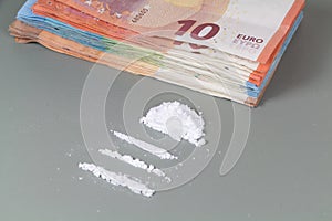 Cocaine lines and euros banknotes