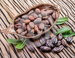 Cocao pod and cocao beans. photo