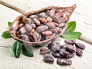 Cocao pod and cocao beans.