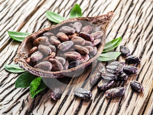 Cocao pod and cocao beans. photo