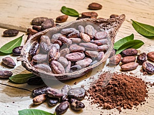 Cocao powder and cocao beans on the wooden table. photo