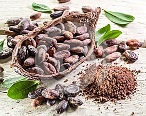 Cocao powder and cocao beans on the wood. photo