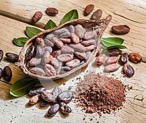 Cocao powder and cocao beans on a wooden table. photo