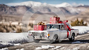 Coche Transportando Regalos de Navidad Empaquetados en el Techo sobre Superficie Nevada y Fondo Urbano Inverna photo