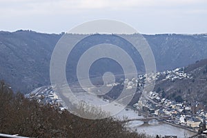 Cochem, Germany - 02 09 2021: Mosel flood in Cochem, both bridges