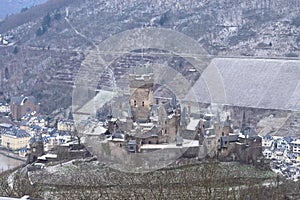 Cochem, Germany - 02 09 2021: Reichsburg with light snow