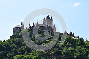 Cochem, Germany - 06 17 2021: Reichsburg, 19th century castle \'rebuilt\' of a never similar medieval castle