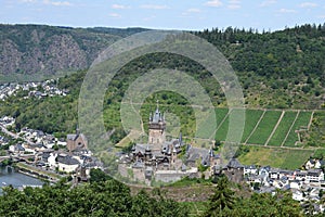 Cochem, Germany - 07 13 2020: Reichsburg seen from the Eifel side in summer