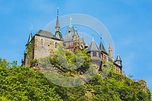 Cochem imperial castle located on a hill in the small picturesque town Cochem at Moselle river in Rhineland-Palatinate, Germany