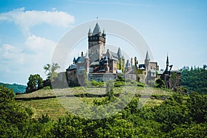 Cochem imperial castle located on a hill in the small picturesque town Cochem at Moselle river in Rhineland-Palatinate, Germany