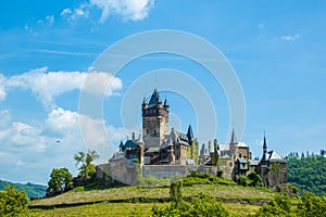 Cochem imperial castle located on a hill in the small picturesque town Cochem at Moselle river in Rhineland-Palatinate, Germany