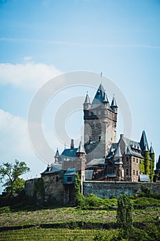 Cochem imperial castle located on a hill in the small picturesque town Cochem at Moselle river in Rhineland-Palatinate, Germany