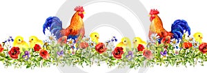 rooster and small chicks in grass, flowers. Seamless pattern. Watercolor