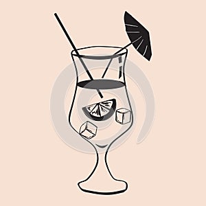 Cockail Blue Havaiian tropical summer alcoholic drink beverage. Vector icon isolated doodle linear style illustration