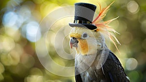 Cockatiel with a mini top hat perched elegantly