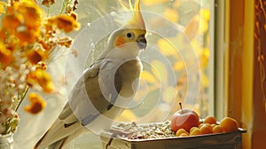 Cockatiel perched beside fruits enjoying the warm sunlight through the window