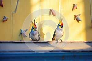 a cockatiels shadow against the wall of the aviary at sunrise