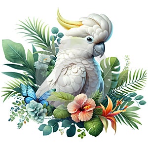 Cockatoo bird with tropical plants and flowers