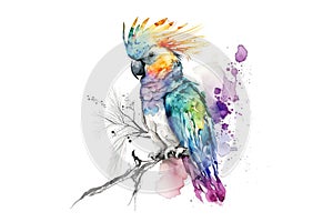 cockatoo parrot painted with multicolored watercolors isolated on a white background. Generated by AI