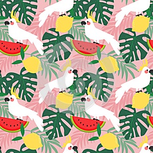 Cockatoo in tropical forest seamless pattern