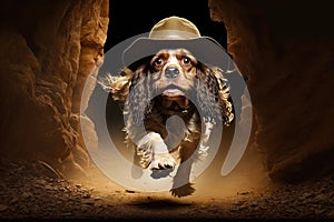 cocker spaniel Dog archeologist with hat and whip escaping from danger illustration generative ai