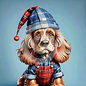 Cocker Spaniel dog funny plaid hat sad face portrait