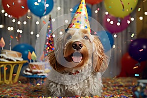 Cocker Spaniel dog with a hat and birthday cake and candles.
