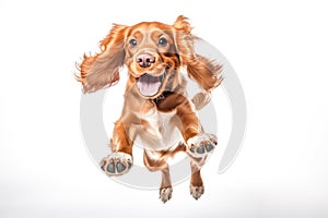 Cocker Spaniel dog jumping in the air isolated on white background
