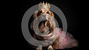 Cocker Spaniel Dog Wearing A Princess Costume And A Tiara On Black Background. Generative AI