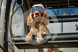 cocker spaniel in goggles riding in a ski gondola