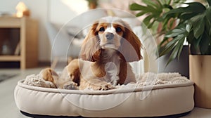 Cocker spaniel puppy lies in a dog bed. Cute puppy.