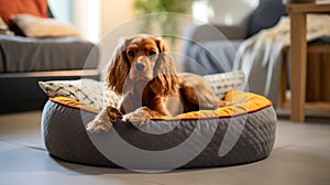 Cocker spaniel puppy lies in a dog bed. Cute puppy.