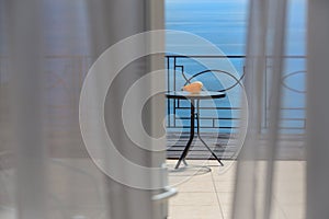 Cockleshell on table against the sea