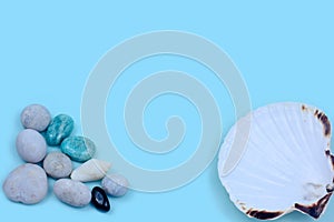 Cockleshell, white, blue and black stones on a blue background. amazonite and sea pebbles