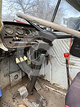 Cockpit of a 50 years old sprinkler truck outdoor