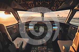 The cockpit of an airliner at sunset is a serene and tranquil sight, with the orange-red hues of the sun setting over