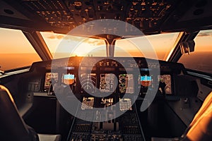 The cockpit of an airliner at sunset is a serene and tranquil sight, with the orange-red hues of the sun setting over