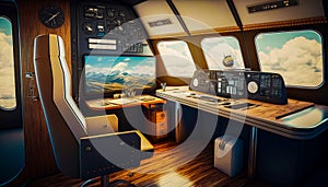 The cockpit of an airplane with desk and computer. Generative AI