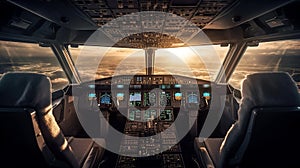 Cockpit of airplane inside view, flight deck of modern aircraft, autopilot, generative AI