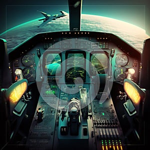 Cockpit of airplane inside view, flight deck of modern aircraft, generative AI