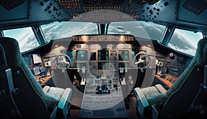 Cockpit of airplane or space shuttle inside view, flight deck of aircraft, generative AI