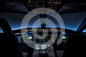 Cockpit aviation control panel digital display instruments of an aircraft in flight at night