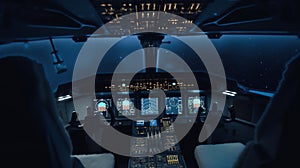 Cockpit aviation control panel digital display instruments of an aircraft in flight at night