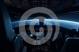Cockpit aviation control panel digital display instruments of an aircraft in flight at night with the horizon of the Earth in