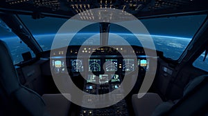 Cockpit aviation control panel digital display instruments of an aircraft in flight at night with the horizon of the Earth in