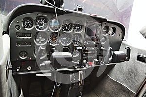 Cockpit detail. Cockpit of a small aircraft